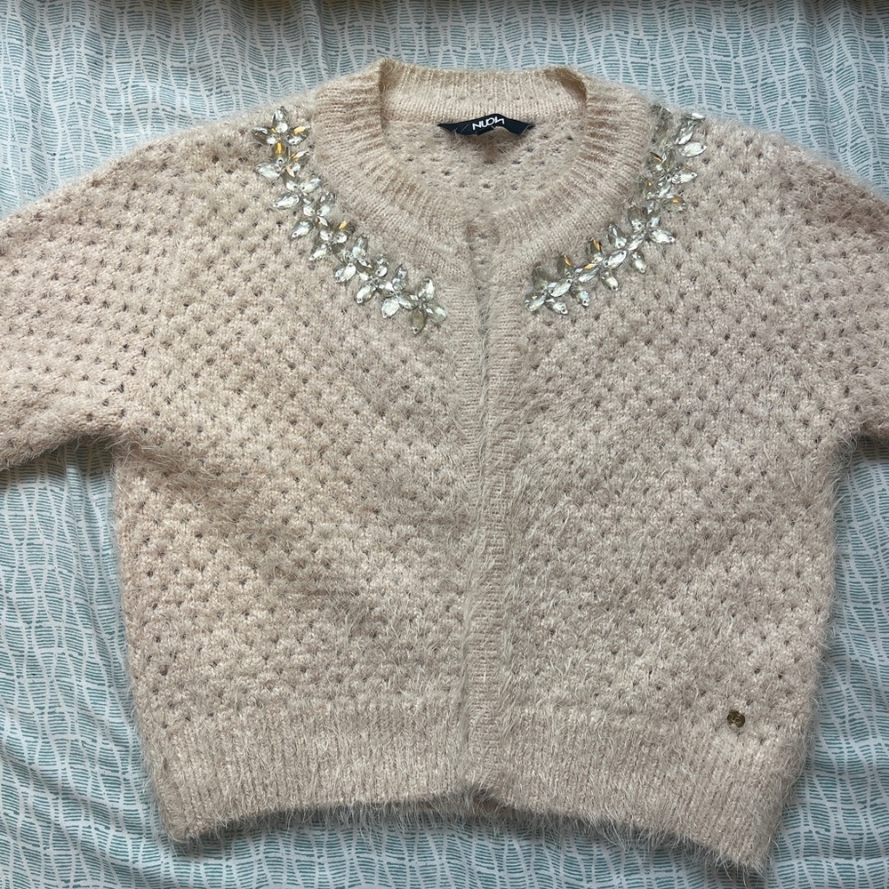 Cream Sweater with Embellished Neckline